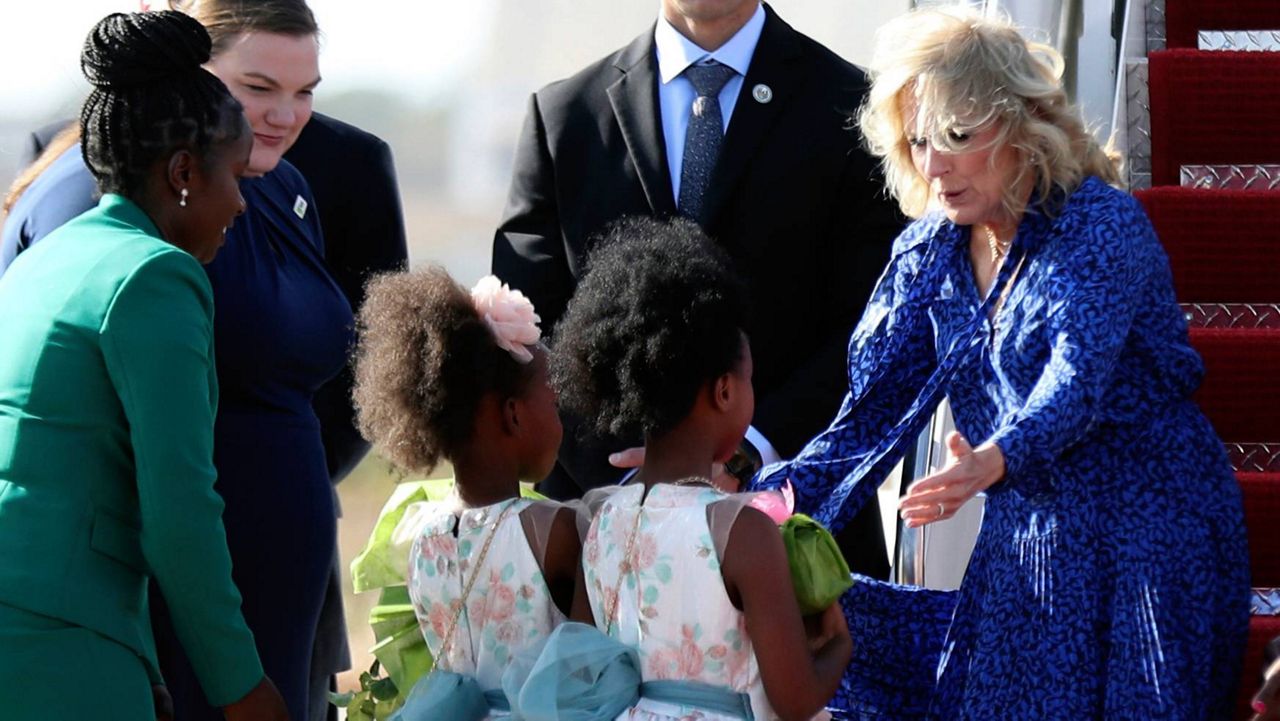 First Lady of the United States Jill Biden arrives in Nairobi, Kenya, for three-day visit to the country, Friday, Feb.24, 2023. (AP Photo/Brian Inganga)