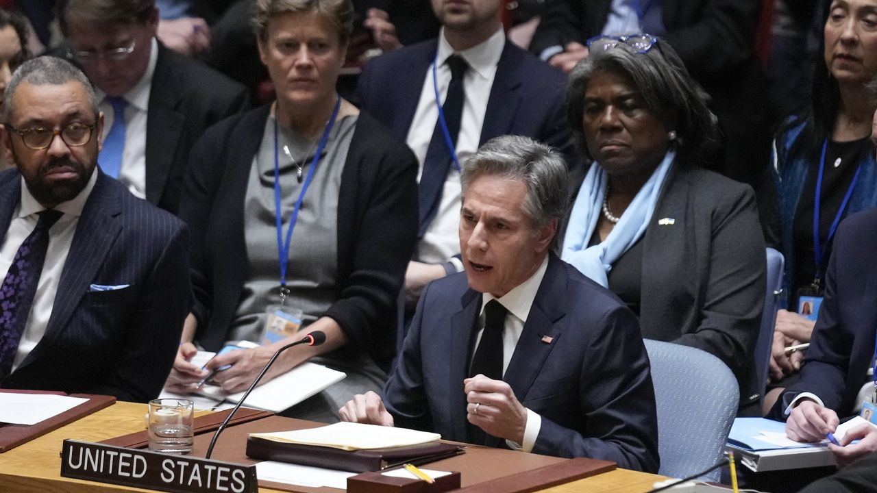 United States Secretary of State Antony Blinken speaks during a Security Council meeting at United Nations headquarters, Friday, Feb. 24, 2023. (AP Photo/Seth Wenig)