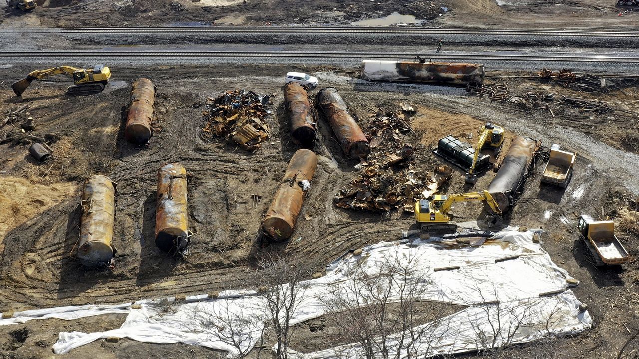 A view of the scene Friday, Feb. 24, 2023, as the cleanup continues at the site of of a Norfolk Southern freight train derailment that happened on Feb. 3 in East Palestine, Ohio. (AP Photo/Matt Freed)