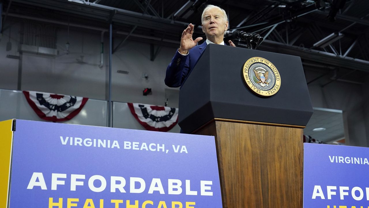 President Joe Biden talks about health care during a visit to the Kempsville Recreation Center in Virginia Beach, Va., Tuesday, Feb. 28, 2023. (AP Photo/Susan Walsh)