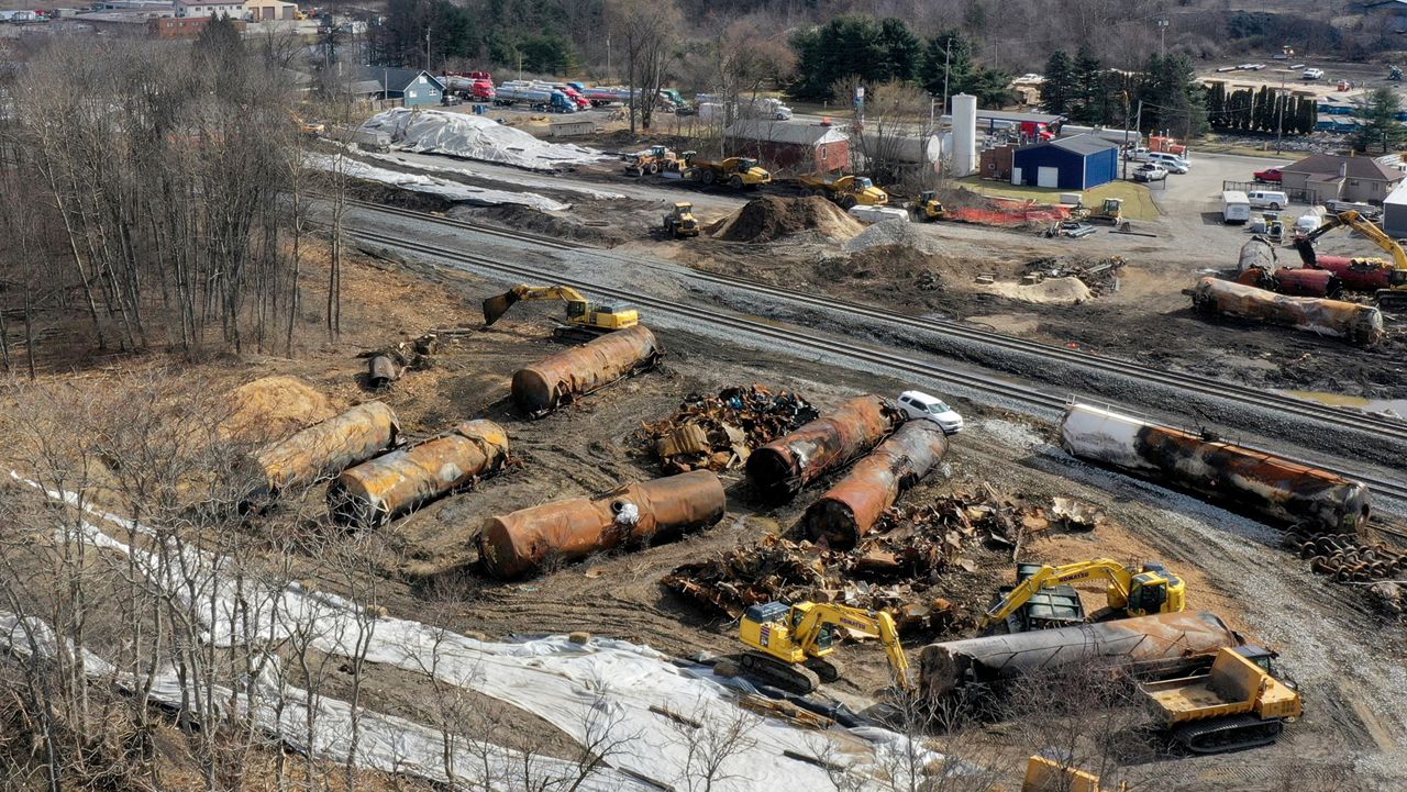 A view of the scene Feb. 24, 2023, as the cleanup continues at the site of of a Norfolk Southern freight train derailment that happened on Feb. 3 in East Palestine, Ohio.(AP Photo/Matt Freed, file)