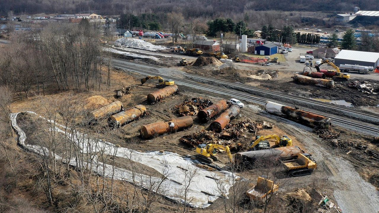 A view of the scene Feb. 24, 2023, as the cleanup continues at the site of of a Norfolk Southern freight train derailment that happened on Feb. 3 in East Palestine, Ohio.