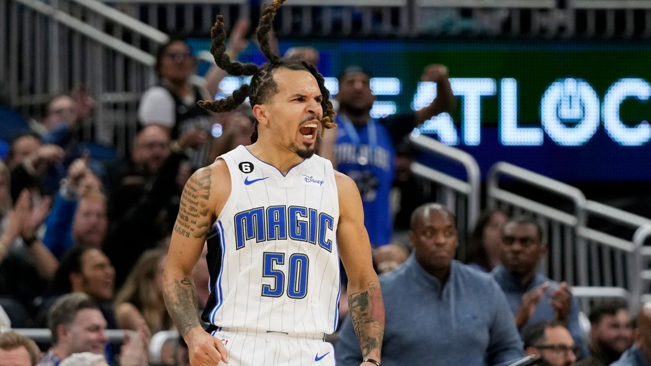 Orlando Magic's Cole Anthony reacts after sinking a 3-point shot against the Washington Wizards during the second half of an NBA basketball game, Tuesday, March 21, 2023, in Orlando, Fla. (AP Photo/John Raoux)