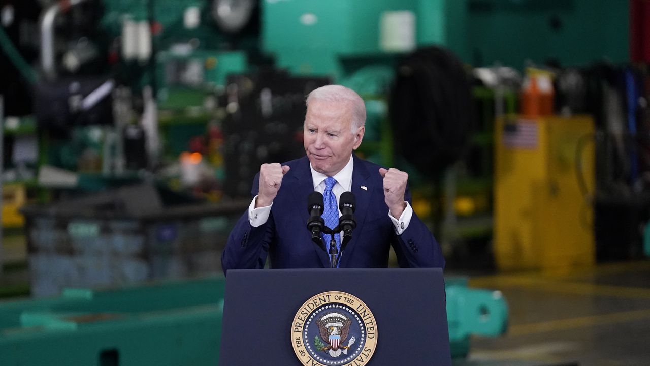 President Joe Biden speaks at the Cummins Power Generation Facility in Fridley, Minn., Monday, April 3, 2023. (AP Photo/Abbie Parr)