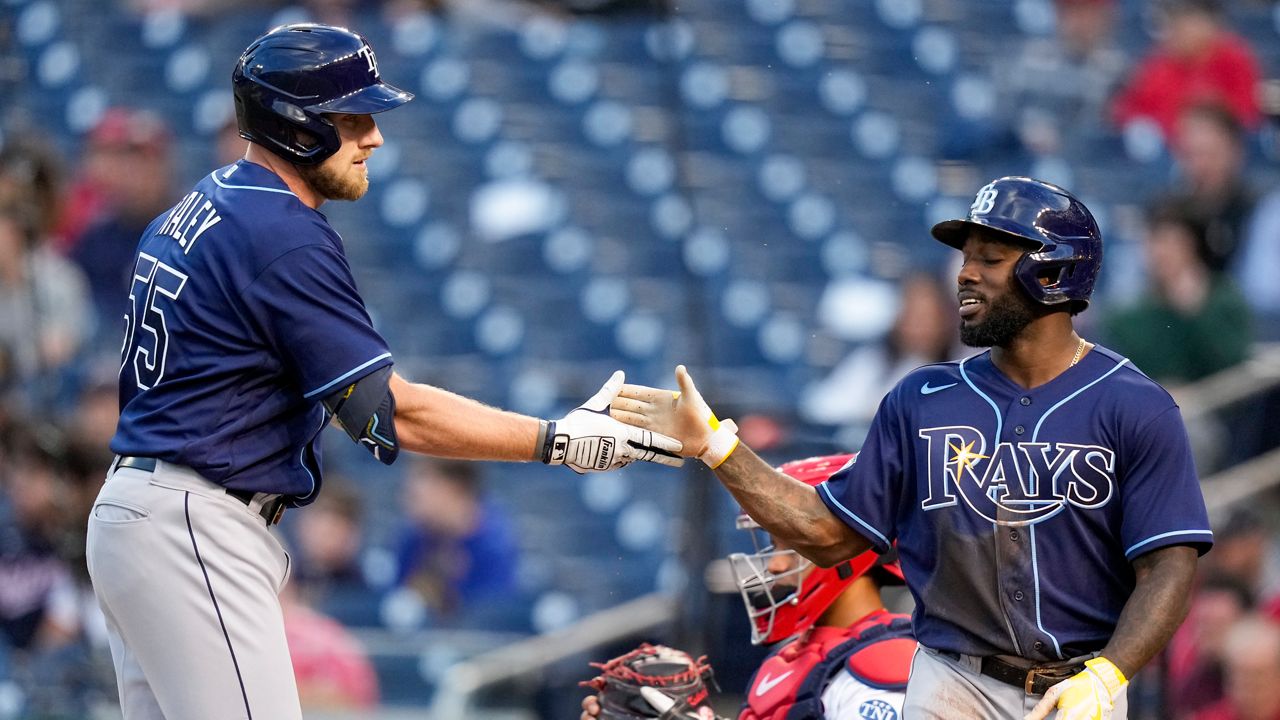 Randy Arozarena of the Tampa Bay Rays celebrates his two run home