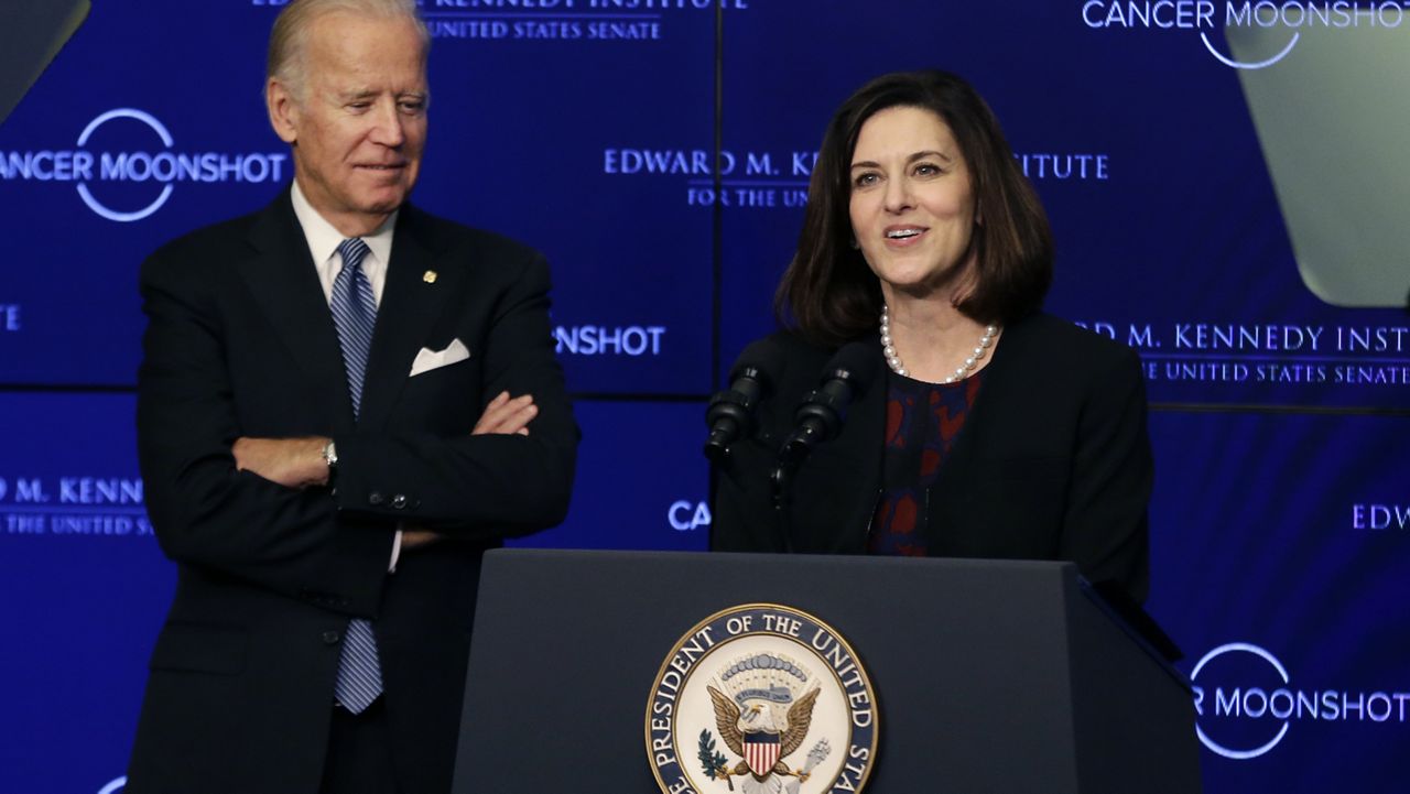 File: Vicki Kennedy, widow of Sen. Edward Kennedy, introduces Vice President Joe Biden to speak at the Edward M. Kennedy Institute for the United States Senate, Wednesday, Oct. 19, 2016 in Boston, about the White House's cancer "moonshot" initiative — a push to throw everything at finding a cure within five years. (AP Photo/Elise Amendola)