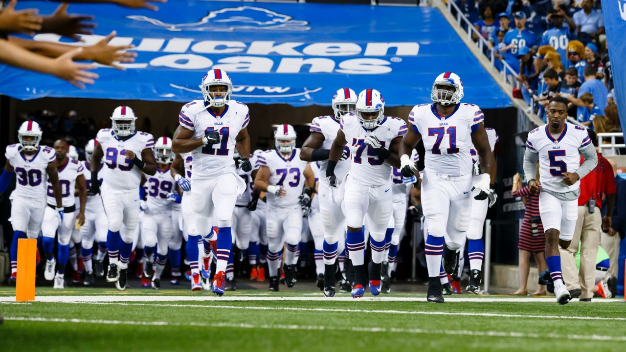 Buffalo Bills players take the field before a preseason NFL football game against the Detroit Lions at Ford Field in Detroit, Thursday, Sept. 3, 2015. (AP Photo/Rick Osentoski)