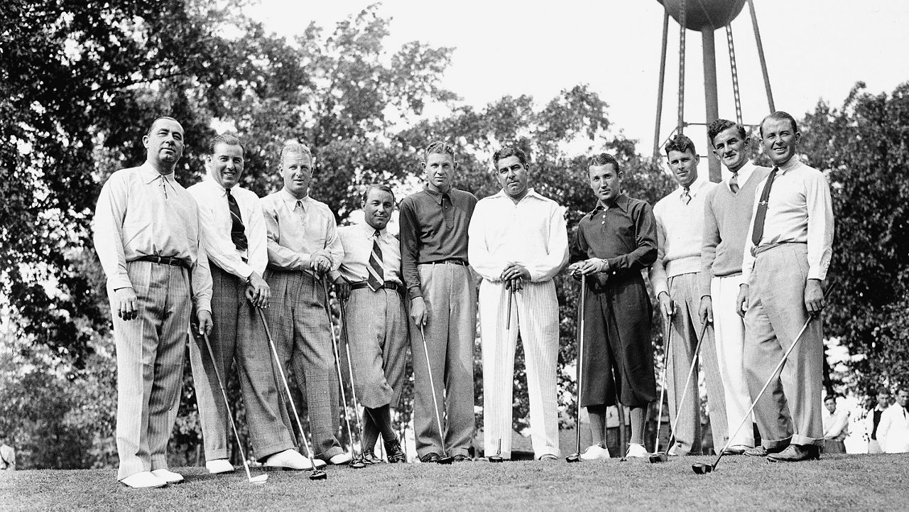 The members of the American Ryder Cup golf team pose at Ridgewood, N.J., Sept. 26, 1938. The golfers, from left, are, Walter Hagen, captain; Sam Parks; Craig Wood; Gene Sarazen; Horton Smith; Olin Dutra; Ky Laffoon; Henry Picard; Johnny Revolta; and Paul Runyan. (AP Photo)