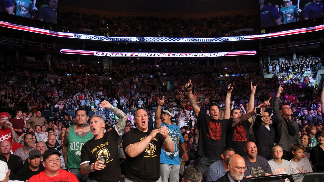 Fans cheer during UFC on Fox Sports 1 mixed martial arts bout in Boston, Saturday, August 17,2013. (AP Photo/Gregory Payan)