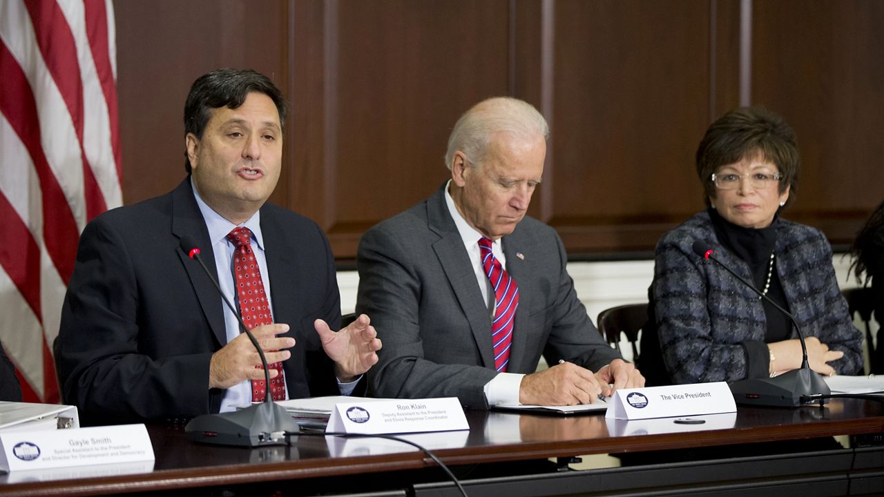 FILE PHOTO - Ebola Response Coordinator Ron Klain, left, accompanied by Vice President Joe Biden, and White House Senior Adviser Valerie Jarrett, speaks during a meeting with faith and humanitarian groups as part of the administration’s response to Ebola, Thursday, Nov. 13, 2014, in the Eisenhower Executive Office Building on the White House compound in Washington. (AP Photo/Manuel Balce Ceneta)