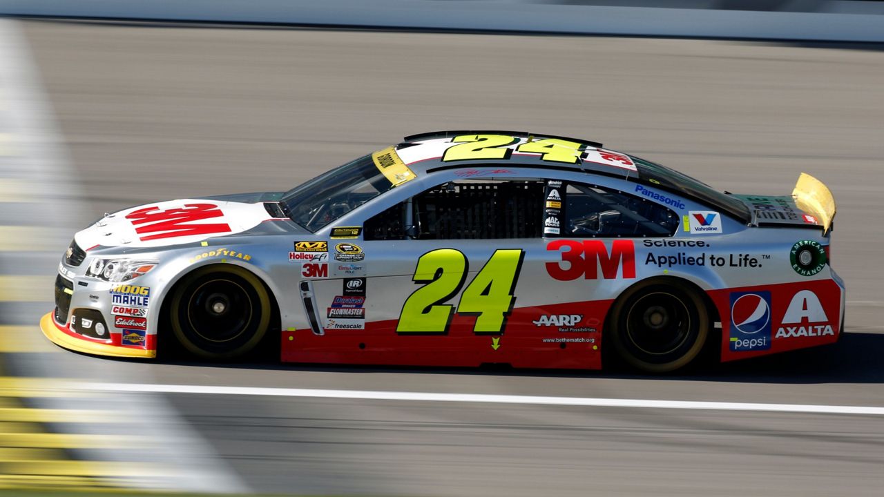 NASCAR Sprint Cup Series auto racing driver Jeff Gordon takes a practice lap at Kansas Speedway in Kansas City, Kan., Saturday, Oct. 17, 2015. (AP Photo/Colin E. Braley)