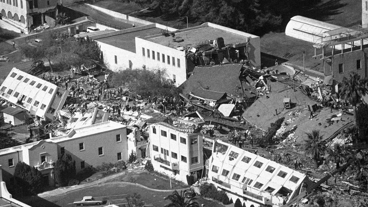 Major portions of the Veterans Administration hospital in Sylmar lie in ruins following southern California earthquake in Los Angeles on Feb. 9, 1971. (AP Photo/Wally Fong)