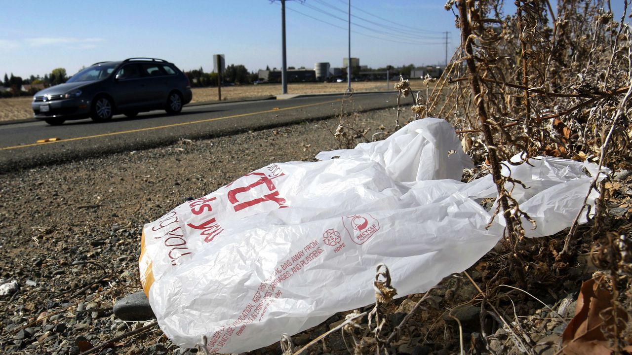 Photo shows single-use plastic bag along a roadside in Sacramento, Calif. (AP Photo/Rich Pedroncelli, File)