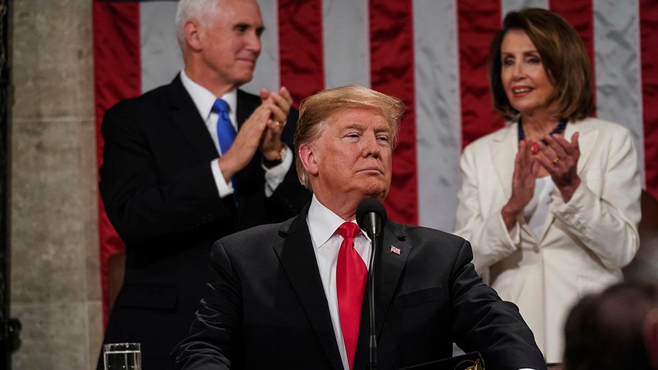 President Donald Trump delivers his State of the Union address to a joint session of Congress on Capitol Hill in Washington as Vice President Mike Pence and House Speaker Nancy Pelosi look on Tuesday evening. (Andrew Harnik/Associated Press)