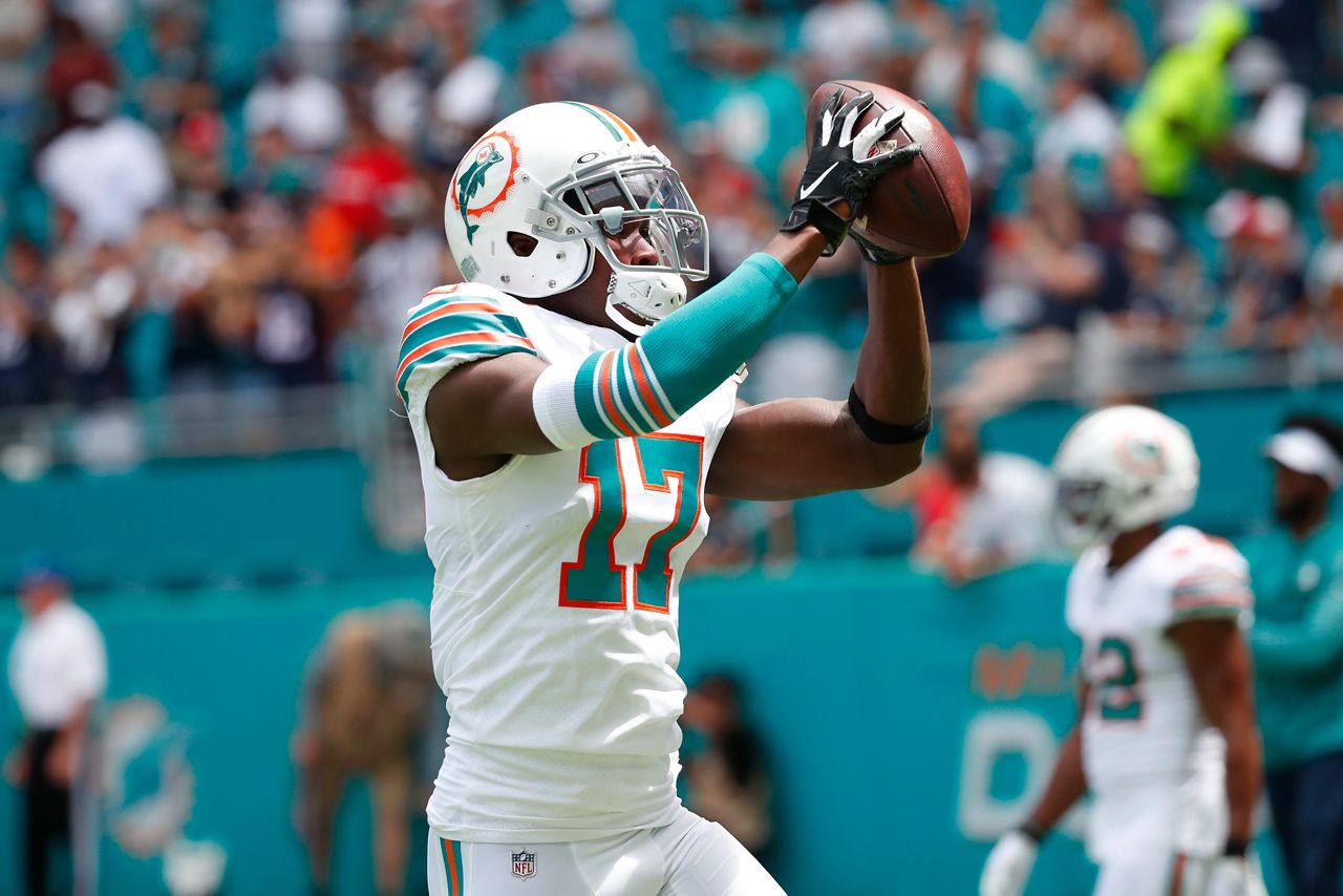 FILE - Miami Dolphins wide receiver Allen Hurns (17) catches a pass before an NFL football game against the New England Patriots, Sunday, Sept. 15, 2019, in Miami Gardens, Fla. (AP Photo/Wilfredo Lee)