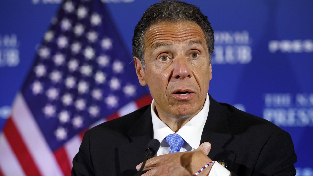 New York Gov. Andrew Cuomo speaks during a news conference, Wednesday, May 27, 2020, at the National Press Club in Washington. (AP Photo/Jacquelyn Martin)