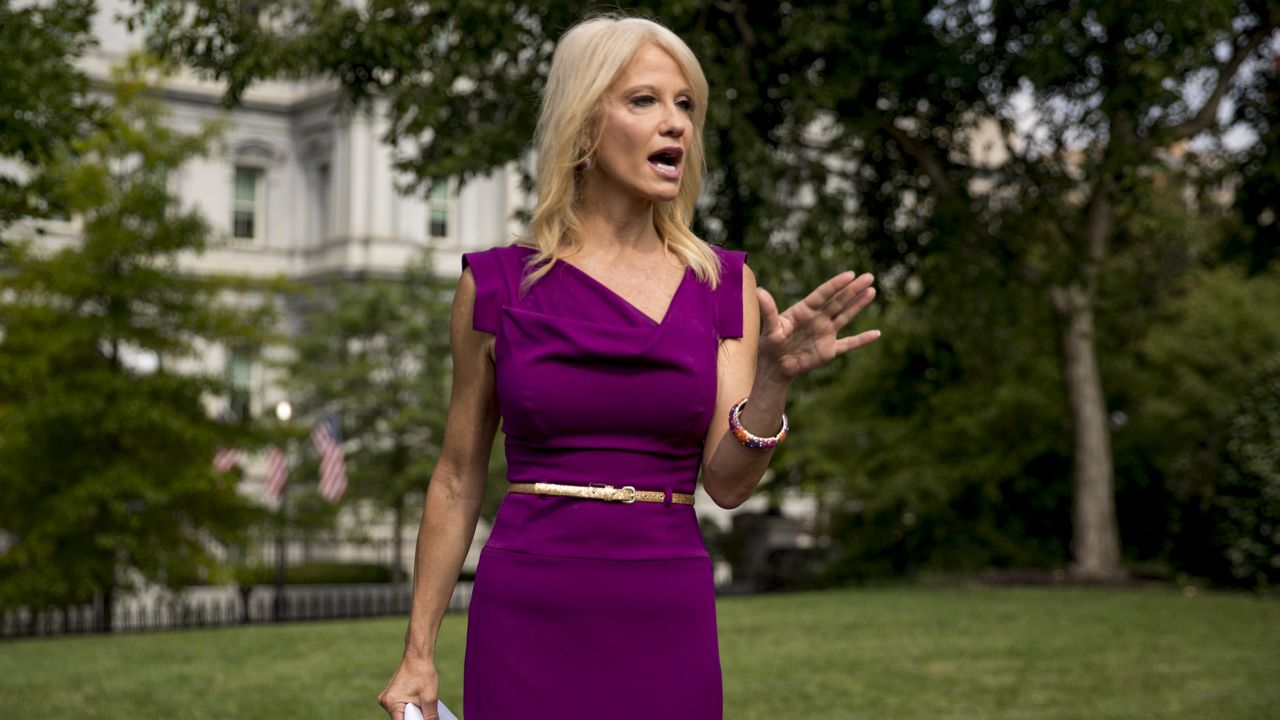 Counselor to the President Kellyanne Conway speaks to reporters outside the West Wing of the White House in Washington, Thursday, Aug. 6, 2020. (AP Photo/Andrew Harnik)