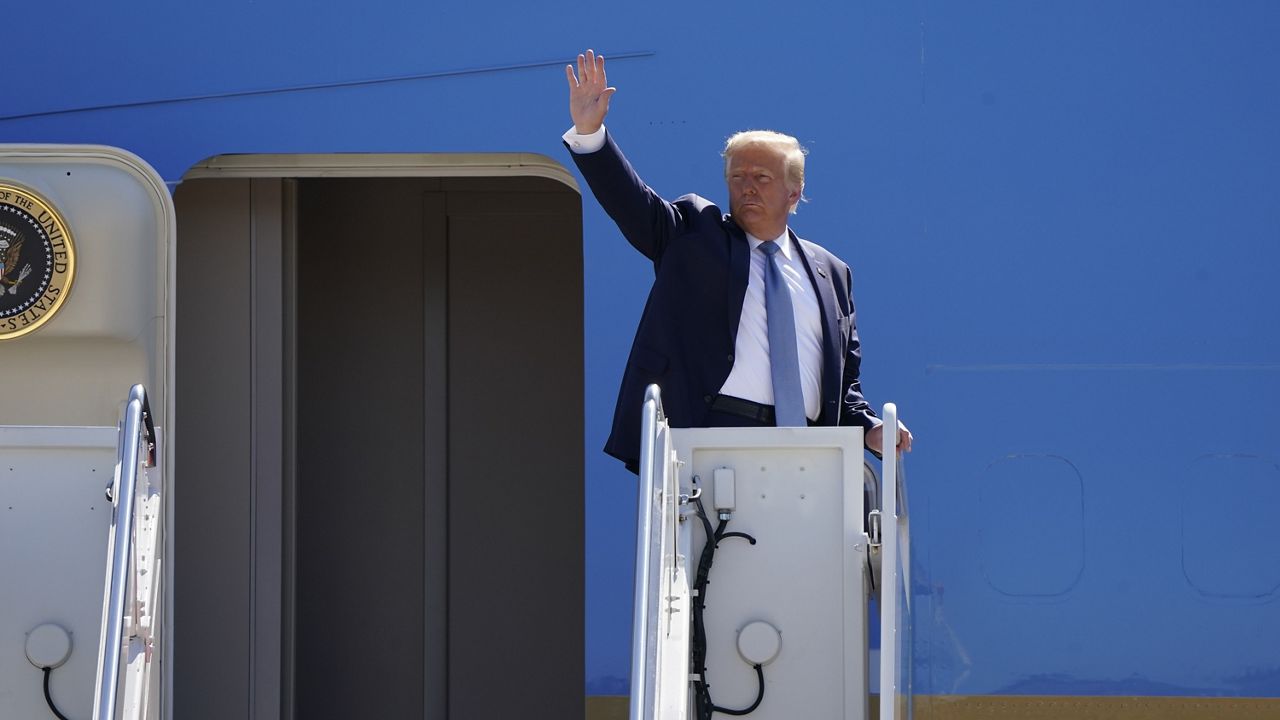 TrumpPresident Donald Trump arrives to board Air Force One at Andrews Air Force Base in Md., Tuesday, Aug. 18, 2020. Trump will speak at a campaign rally in Yuma, Ariz. (AP Photo/J. Scott Applewhite)