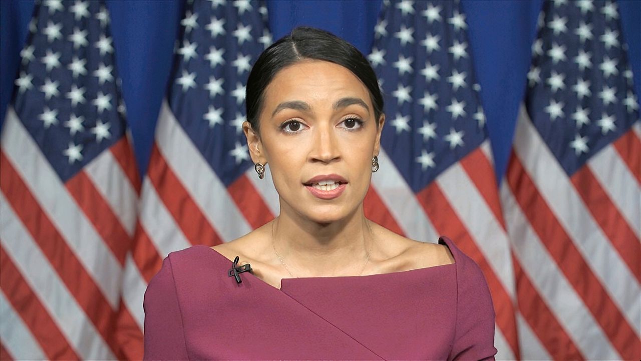 In this image from video, Rep. Alexandria Ocasio-Cortez, D-N.Y., speaks during the second night of the Democratic National Convention on Tuesday, Aug. 18, 2020. (Democratic National Convention via AP)