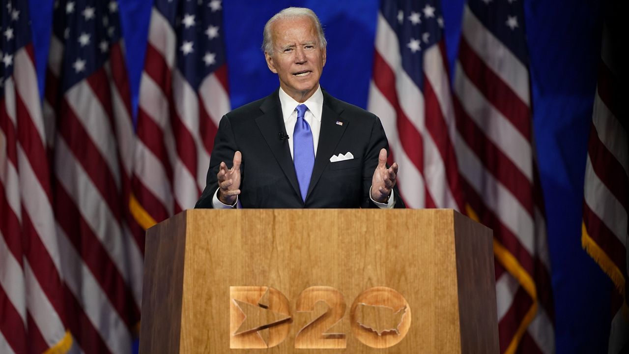 Democratic presidential candidate former Vice President Joe Biden speaks during the fourth day of the Democratic National Convention, Thursday, Aug. 20, 2020, at the Chase Center in Wilmington, Del. (AP Photo/Andrew Harnik)