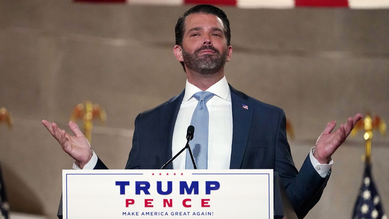 Donald Trump Jr., speaks as he tapes his speech for the first day of the Republican National Convention from the Andrew W. Mellon Auditorium in Washington, Monday, Aug. 24, 2020. (AP Photo/Susan Walsh)