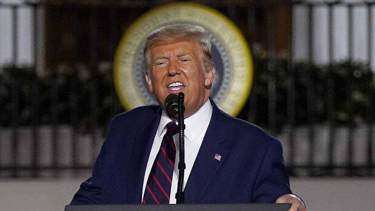 President Donald Trump speaks from the South Lawn of the White House on the fourth day of the Republican National Convention, Thursday, Aug. 27, 2020, in Washington. (AP Photo/Evan Vucci)