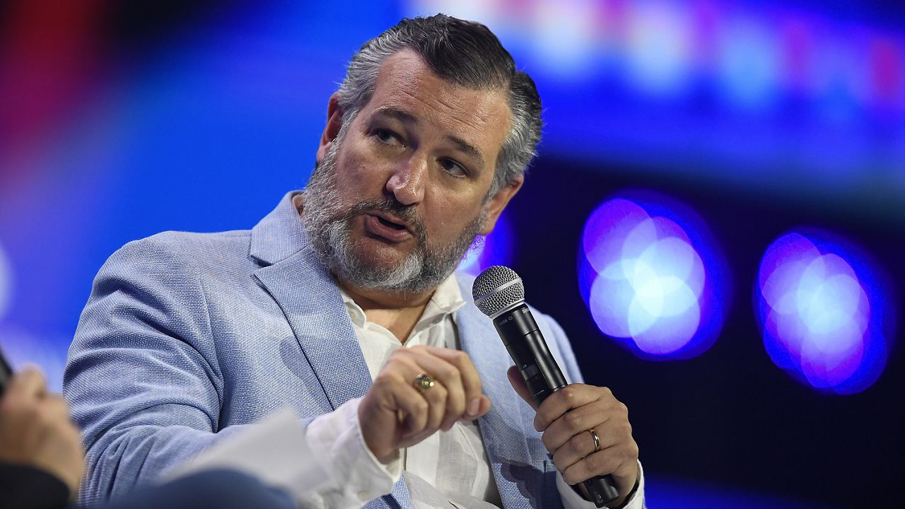 Sen. Ted Cruz records a podcast during the Turning Point Action Conference, Sunday, July 16, 2023, in West Palm Beach, Fla. (AP Photo/Michael Laughlin)