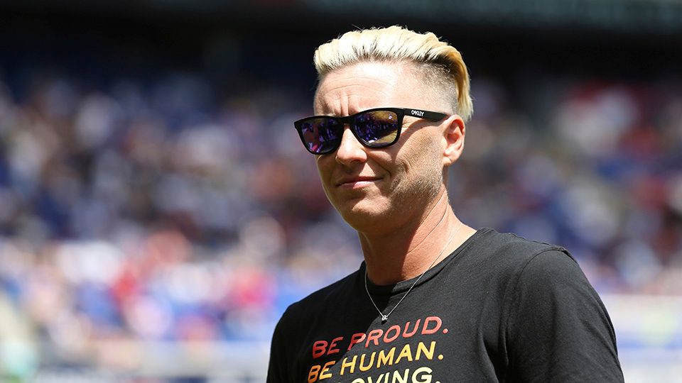 Former United States women's national team player Abby Wambach poses for a photo during a celebration honoring the National Soccer Hall of Fame Class of 2019 at halftime of an international friendly soccer match between the United States and Mexico, Sunday, May 26, 2019, in Harrison, N.J. The U.S. won 3-0. (AP Photo/Steve Luciano)