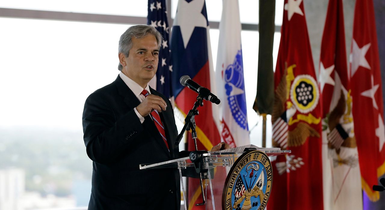FILE - Austin mayor Steve Adler speaks during an activation ceremony for the U.S. Army futures Command, Friday, Aug. 24, 2018, in Austin, Texas. (AP Photo/Eric Gay)