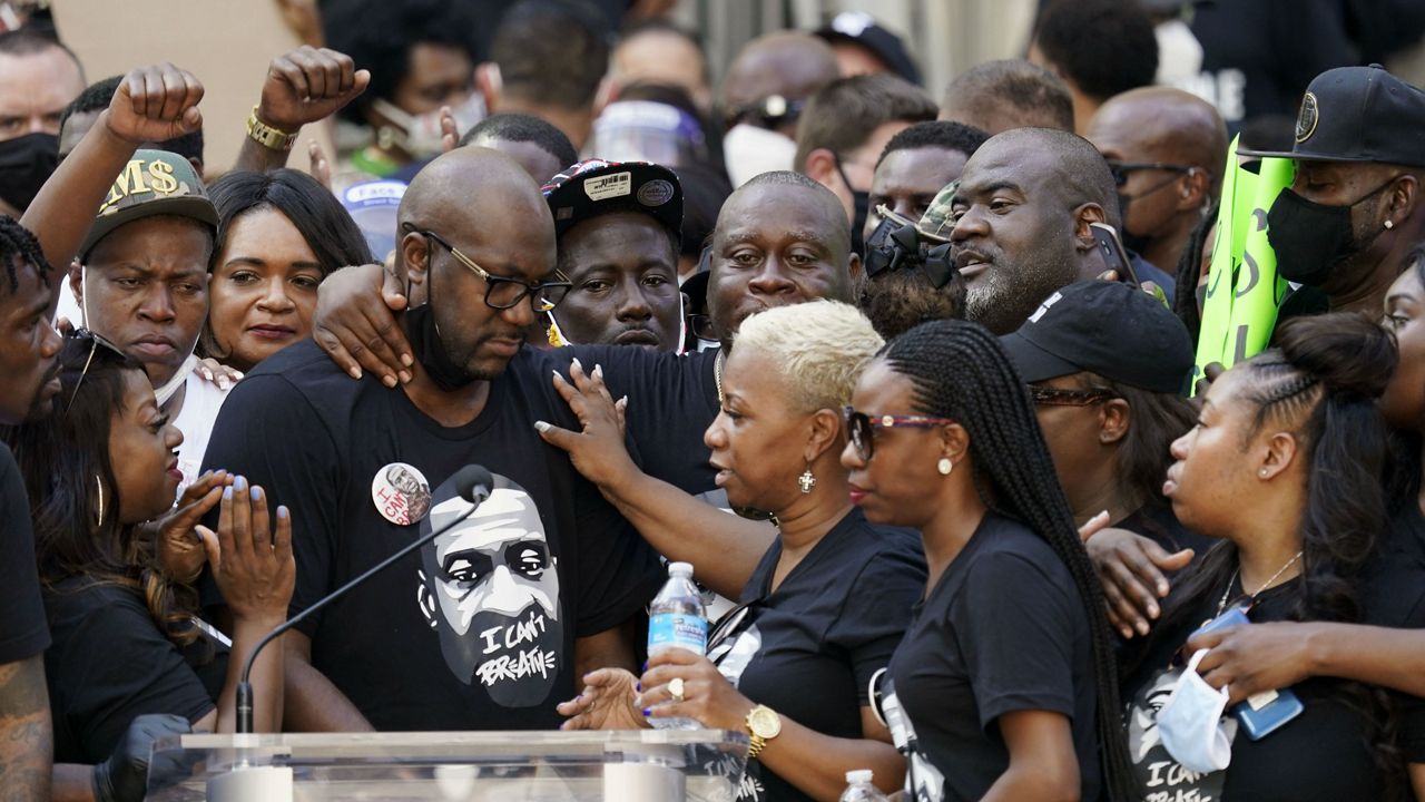 Members of George Floyd's family speak during a Houston rally on Tuesday, June 2, 2020. Floyd died after a Minneapolis police officer pressed his knee into Floyd's neck for several minutes even after he stopped moving and pleading for air. (AP Photo/David J. Phillip)