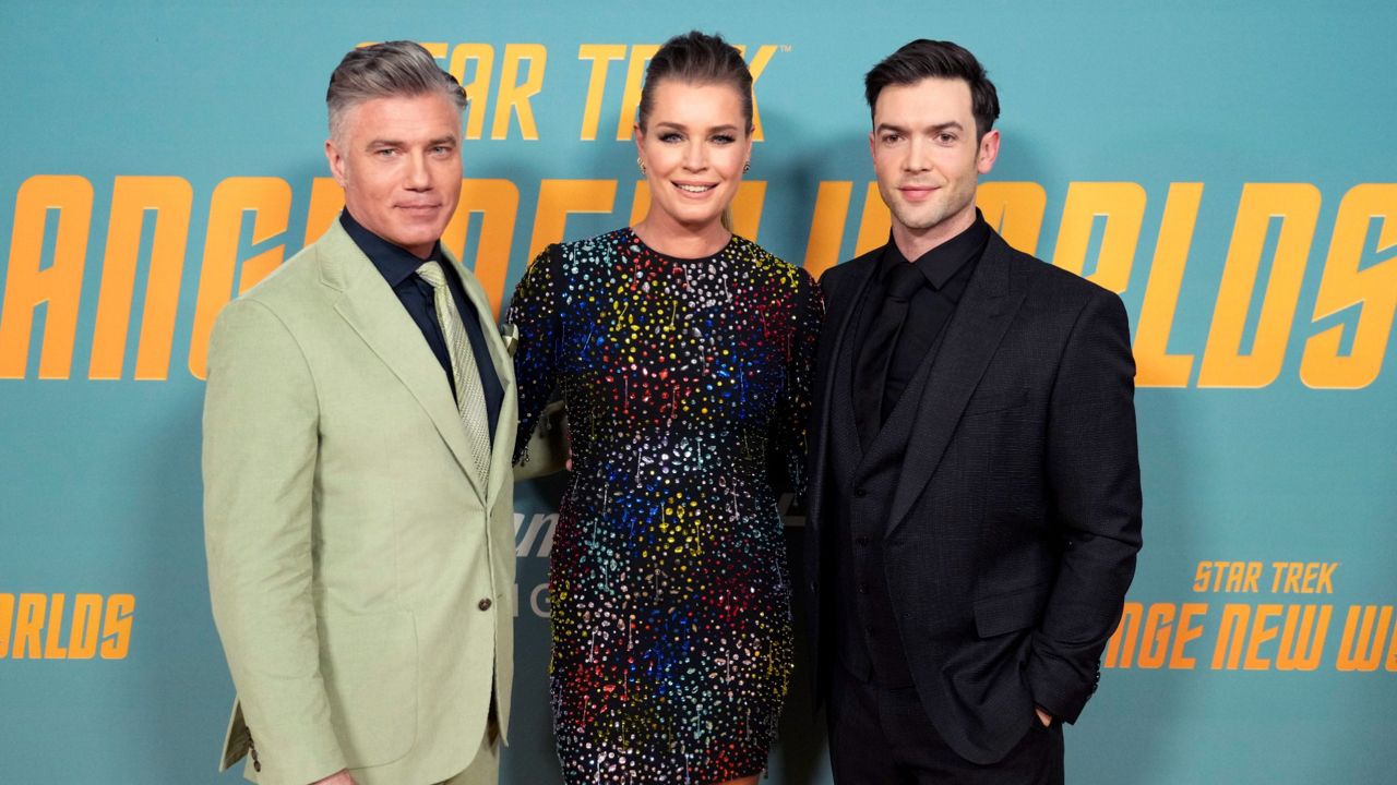 Anson Mount, left, Rebecca Romijn and Ethan Peck attend the premiere of the Paramount+ original series "Star Trek: Strange New Worlds" at AMC Lincoln Square on Saturday, April 30, 2022, in New York. (Photo: Charles Sykes/Invision/AP)
