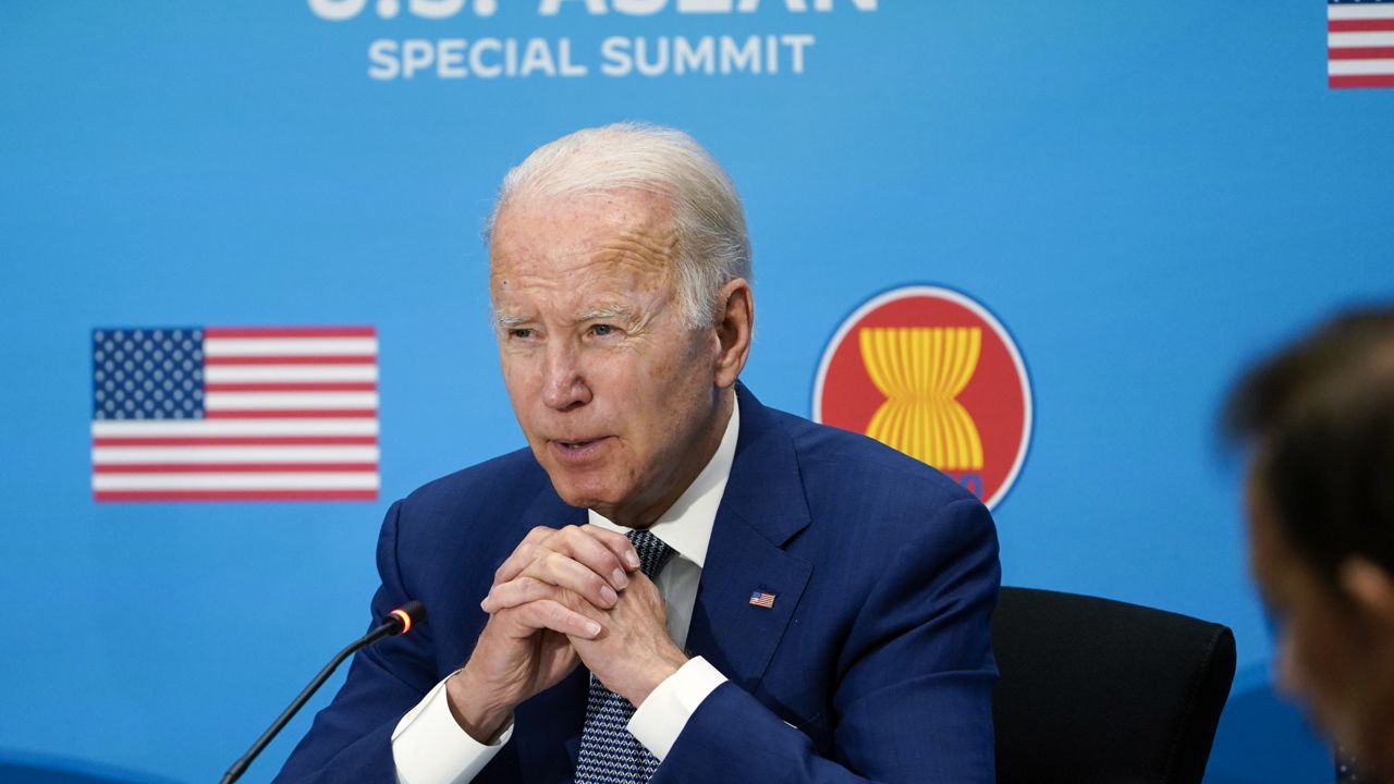 President Joe Biden participates in the U.S.-ASEAN Special Summit to commemorate 45 years of U.S.-ASEAN relations at the State Department in Washington, Friday, May 13, 2022. (AP Photo/Susan Walsh)