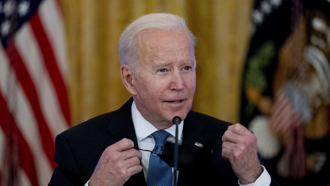 FILE - U.S. President Joe Biden speaks during a meeting in the East Room of the White House in Washington, Jan. 24, 2022. (AP Photo/Andrew Harnik, File)