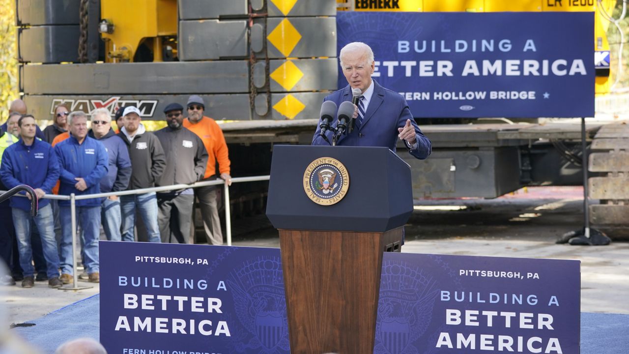 President Joe Biden speaks about his infrastructure agenda while visiting the under construction Fern Hollow Bridge, in Pittsburgh, Thursday, Oct. 20, 2022. (AP Photo/Gene J. Puskar)