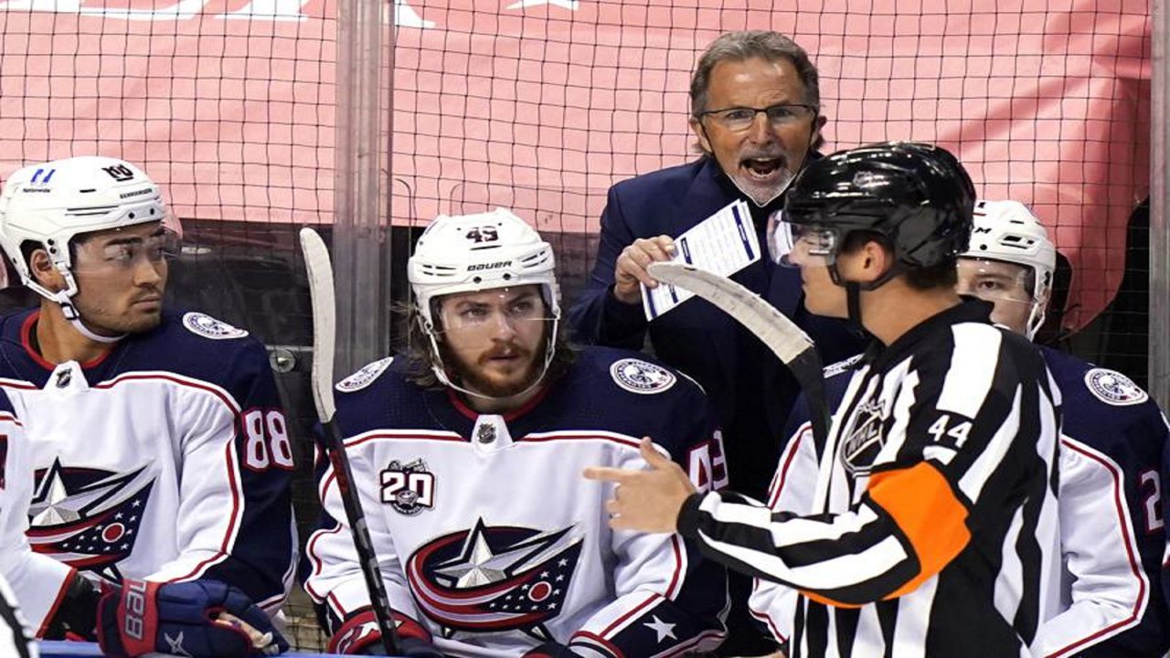 Columbus Blue Jackets head coach John Tortorella shouts at an official after a fight between Columbus Blue Jackets' s Gavin Bayreuther and Florida Panthers' Sam Bennett during the second period of an NHL hockey game, Monday, April 19, 2021, in Sunrise, Fla. (AP Photo/Lynne Sladky)