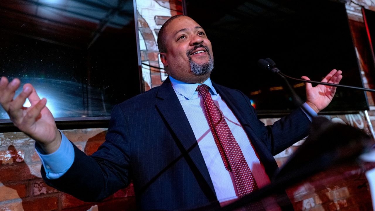 Alvin Bragg, a candidate for Manhattan district attorney, speaks to supporters in New York, Tuesday, Nov. 2, 2021. Bragg was elected as Manhattan's first Black district attorney, a position that will give him oversight of prosecutions and ongoing investigations involving former President Donald Trump. (AP Photo/Craig Ruttle)