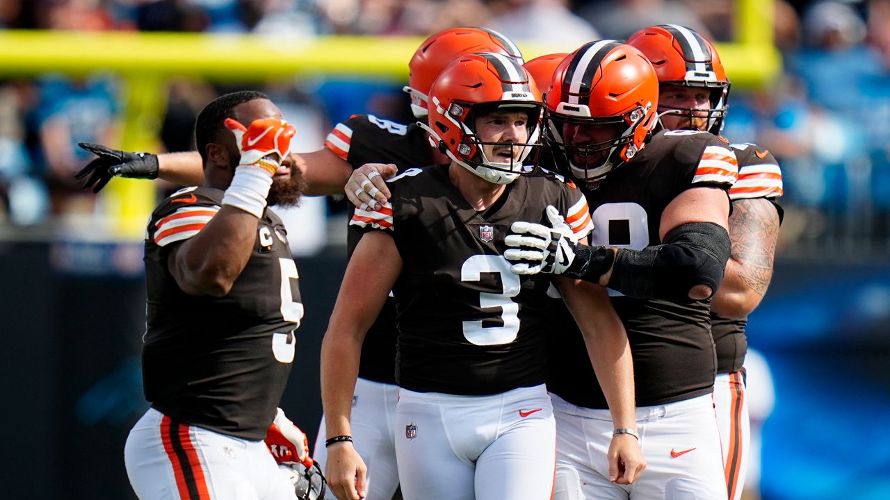 Cleveland Browns place kicker Cade York celebrates after kicking the game winning field goal. (AP Photo/Rusty Jones)