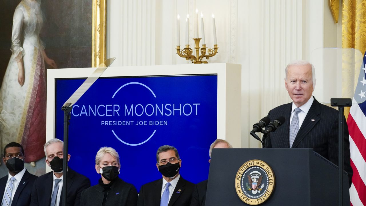 President Joe Biden speaks during a "Cancer Moonshot," event in the East Room of the White House, Wednesday, Feb. 2, 2022, in Washington. (AP Photo/Alex Brandon)