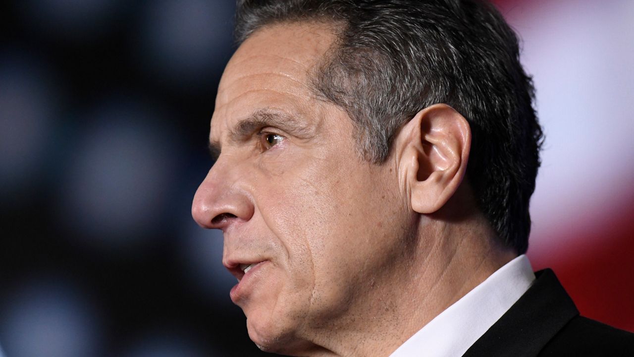 New York Gov. Andrew Cuomo delivers his State of the State address virtually from The War Room at the state Capitol, Monday, Jan. 11, 2021, in Albany, N.Y. (AP Photo/Hans Pennink, Pool)