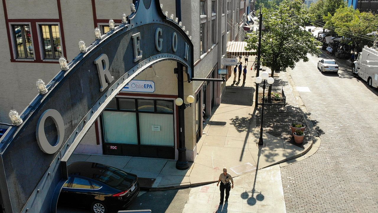 An overhead view of the Oregon District in Dayton, Ohio. (AP Photo/John Minchillo)