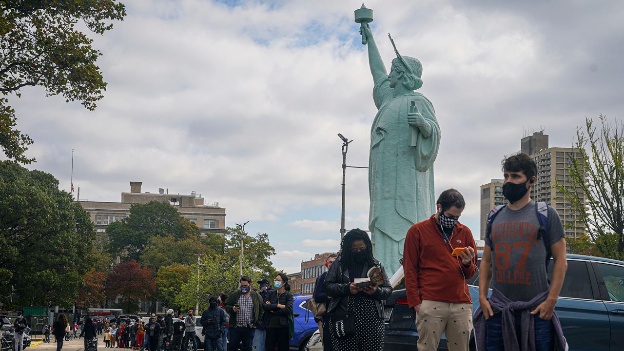 A line of people waiting to vote with the Statue of Liberty looming in the background.