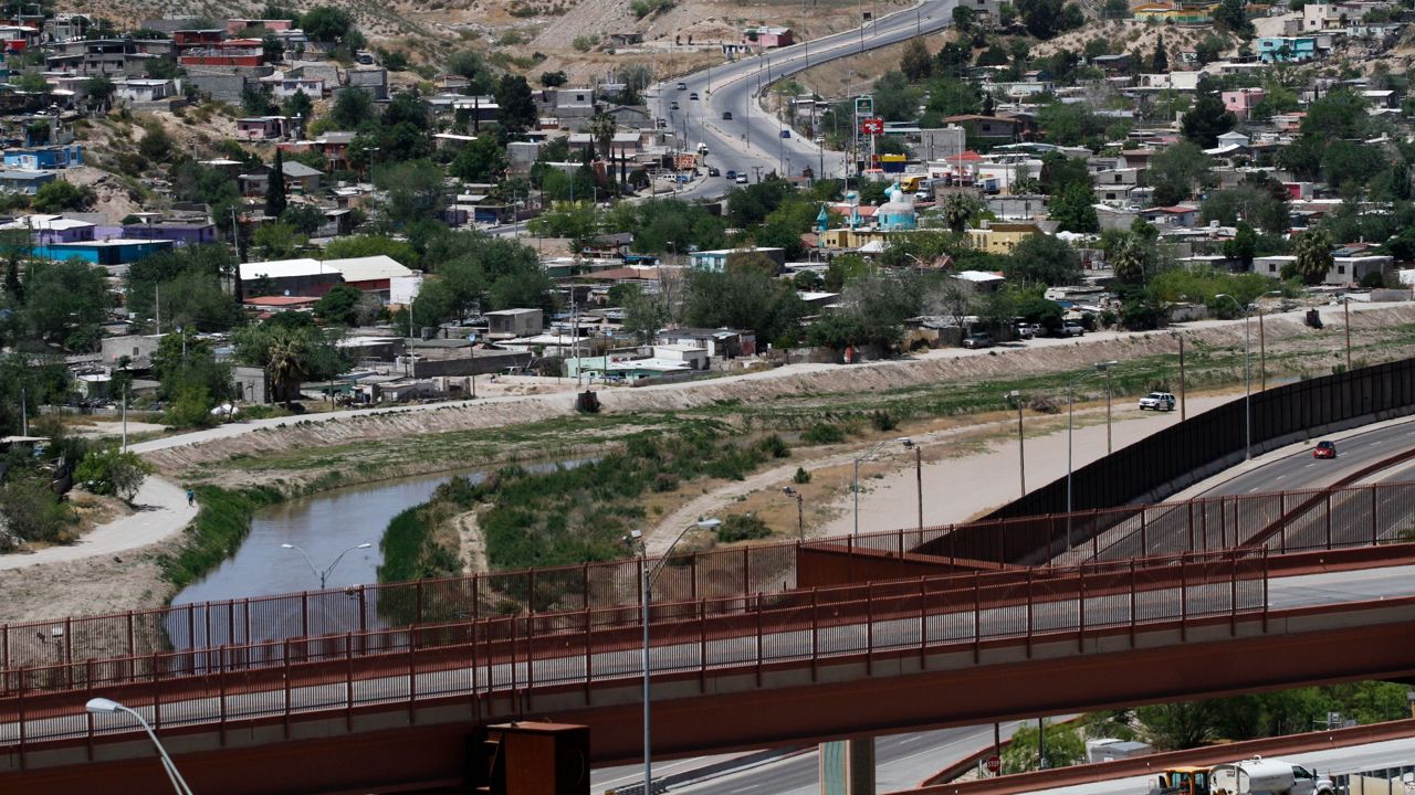 FILE - This April 22, 2020, file photo, shows Juarez, Mexico, and the Rio Grande from El Paso Texas. (AP Photo/Cedar Attanasio, File)