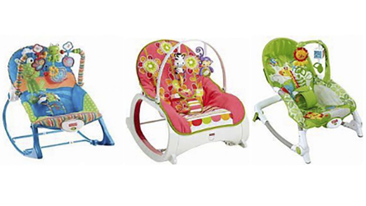 This photo provided by Consumer Product Safety Commission shows Fisher-Price Infant-to-Toddler Rocker, left and center, and Fisher-Price Newborn-to-Toddler Rocker, right. (Consumer Product Safety Commission via AP)