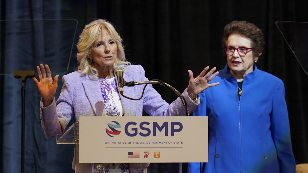 First lady Jill Biden speaks alongside tennis great Billie Jean King at an event to celebrate the 10th anniversary of the State Department-espnW Global Sports Mentoring Program and the 50th anniversary of Title IX, Wednesday, June 22, 2022, in Washington. (AP Photo/Patrick Semansky)