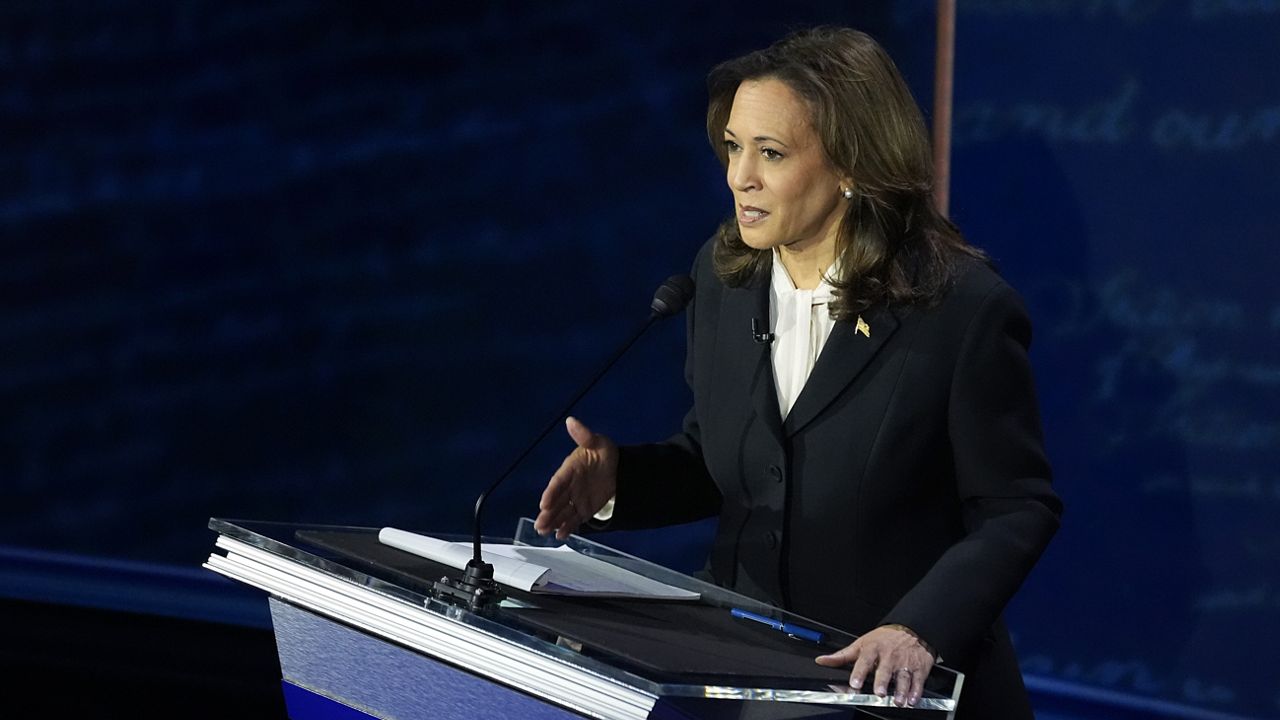 Democratic presidential nominee Vice President Kamala Harris speaks during a presidential debate with Republican presidential nominee former President Donald Trump at the National Constitution Center, Tuesday, Sept.10, 2024, in Philadelphia. (AP Photo/Alex Brandon)