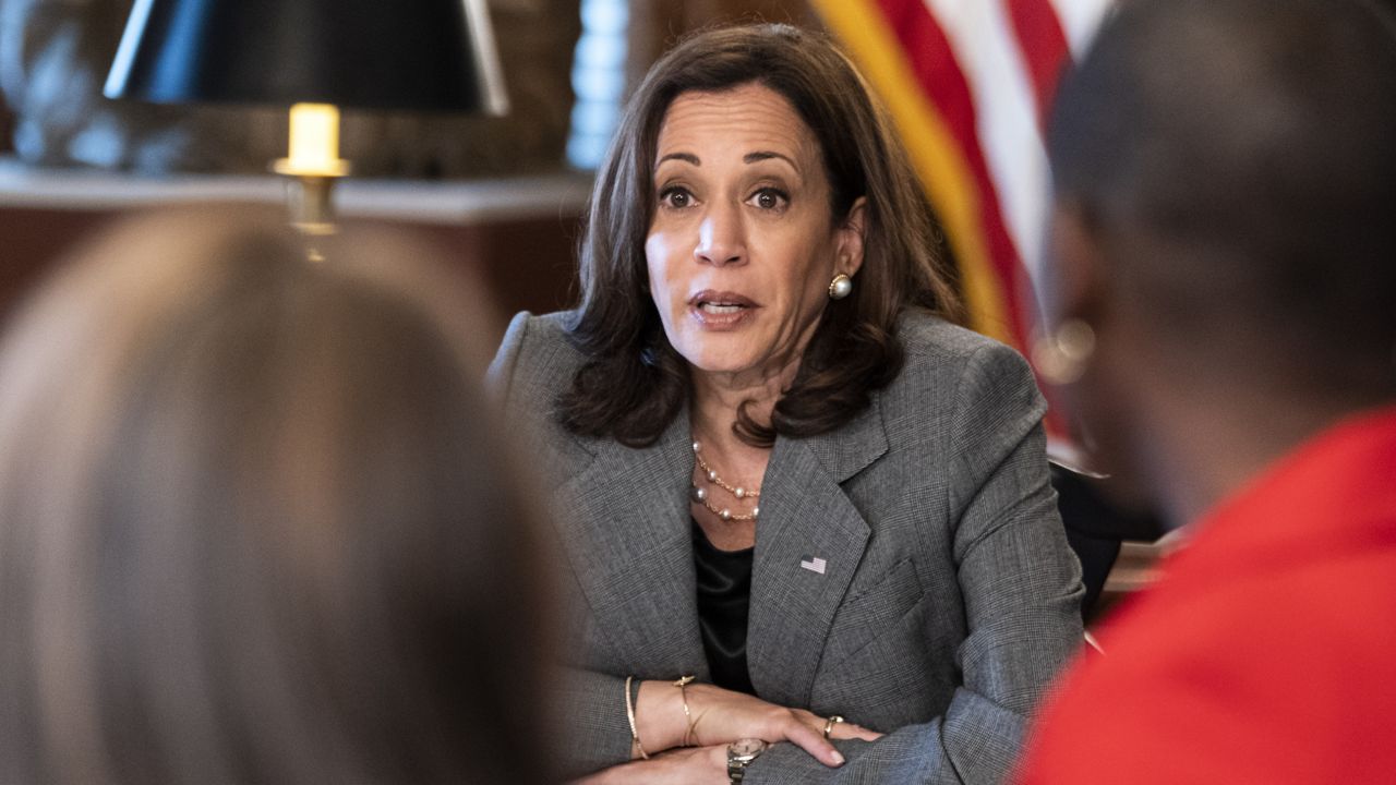 Vice President Kamala Harris attends a meeting about abortion rights and Roe v. Wade, Tuesday, June 14, 2022, from her ceremonial office at the Eisenhower Executive Office Building on the White House complex in Washington. (AP Photo/Jacquelyn Martin)