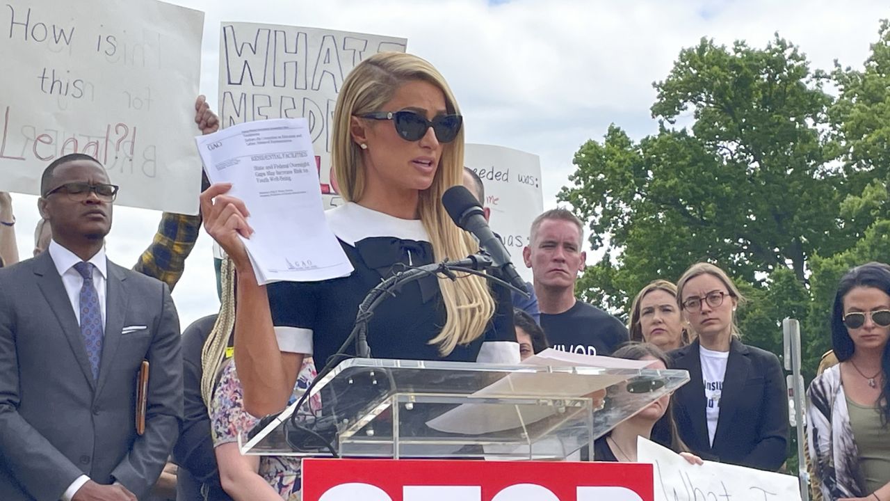 Paris Hilton speaks at a Stop Institutional Child Abuse event, Wednesday, May 11, 2022 in Washington. (AP Photo/Pablo Martinez Monsivais)