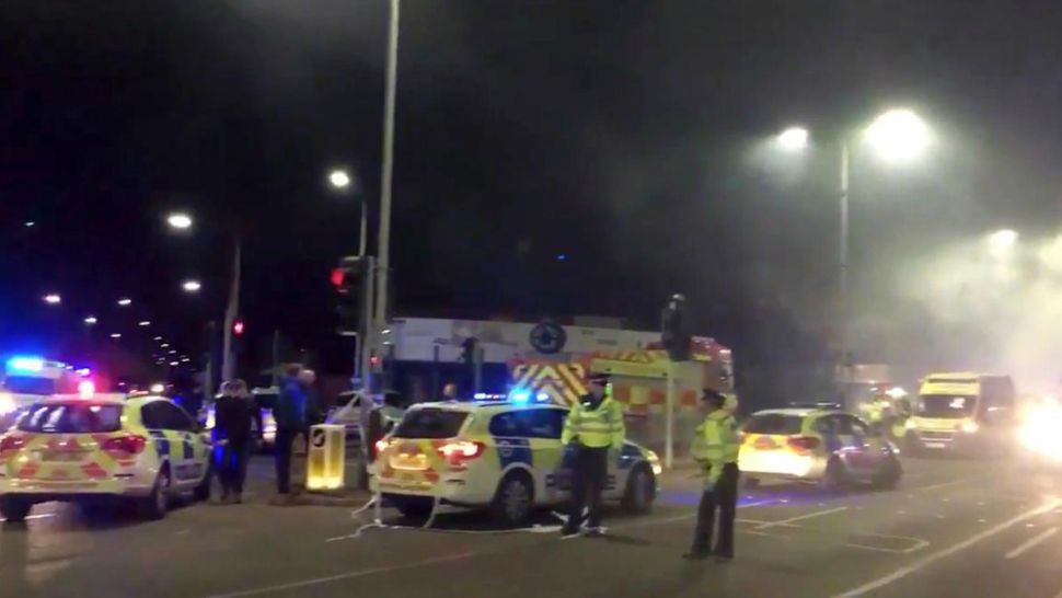  In this image taken from video made available by Gem News, police attend the scene of an incident in Leicester, central England, Sunday Feb. 25, 2018. Police for the English city of Leicester say they are responding to a "major incident" after receiving reports of an explosion and that emergency services were dealing with the incident on Hinckley Road and asked the public to stay away from the area. (Gem News via AP)