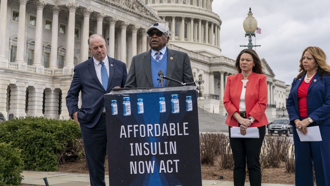 From left, Rep. Dan Kildee, D-Mich., House Majority Whip James Clyburn, D-S.C., Rep. Angie Craig, D-Minn., and Rep. Lucy McBath, Ga., talk about their support for legislation aimed at capping the price of insulin, at the Capitol in Washington, Thursday, March 31, 2022. (AP Photo/J. Scott Applewhite)