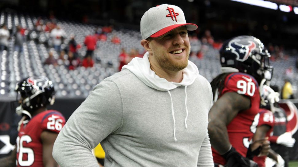 Houston Texans defensive end J.J. Watt on the sidelines before an NFL football game against the San Francisco 49ers Sunday, Dec. 10, 2017, in Houston. (AP Photo/Eric Christian Smith)